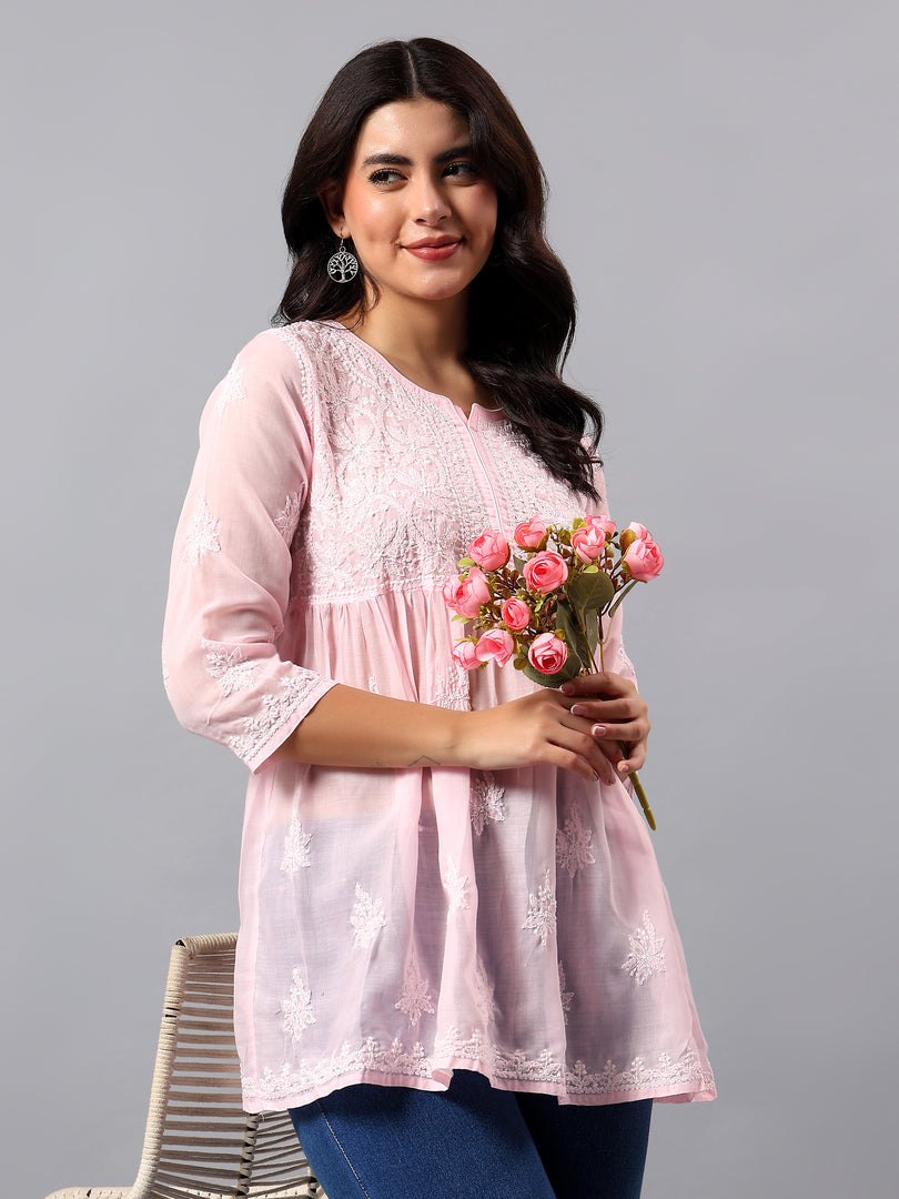Seva Chikan Hand Embroidered Terivoil Cotton Lucknowi Chikan Pink Top SCL9241