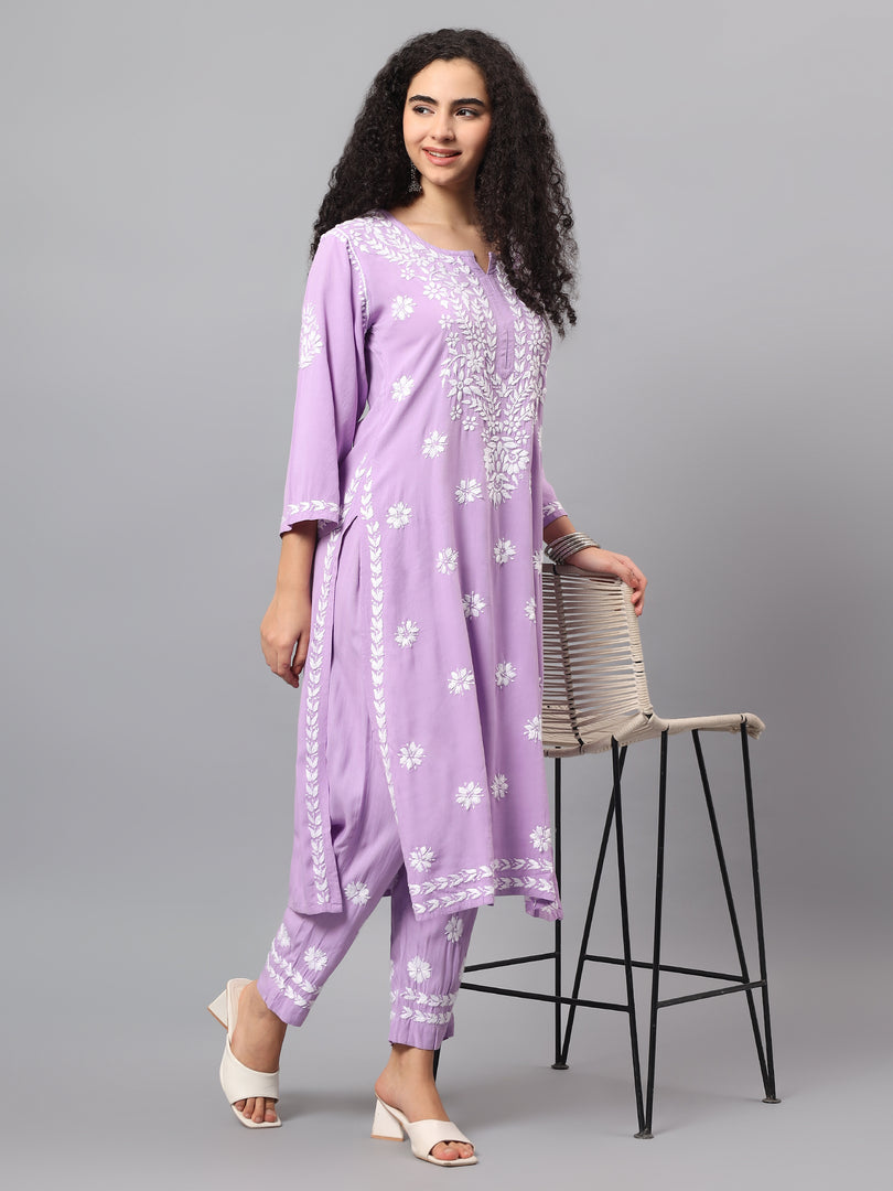 Seva Chikan Hand Embroidered Mauve Rayon Lucknowi Chikankari Kurta Set SCL8090