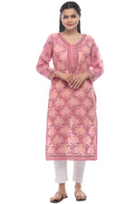 Load image into Gallery viewer, Seva Chikan Hand Embroidered Pink Cotton Lucknowi Chikan Kurti-SCL0323
