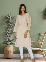 Load image into Gallery viewer, Seva Chikan Hand Embroidered Beige Cotton Lucknowi Chikan Kurti SCL0947
