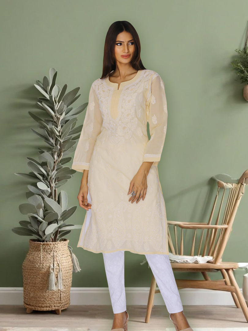 Seva Chikan Hand Embroidered Beige Cotton Lucknowi Chikan Kurti SCL0947