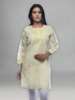 Load image into Gallery viewer, Seva Chikan Hand Embroidered Lemon Cotton Lucknowi Chikan Kurti-SCL0229
