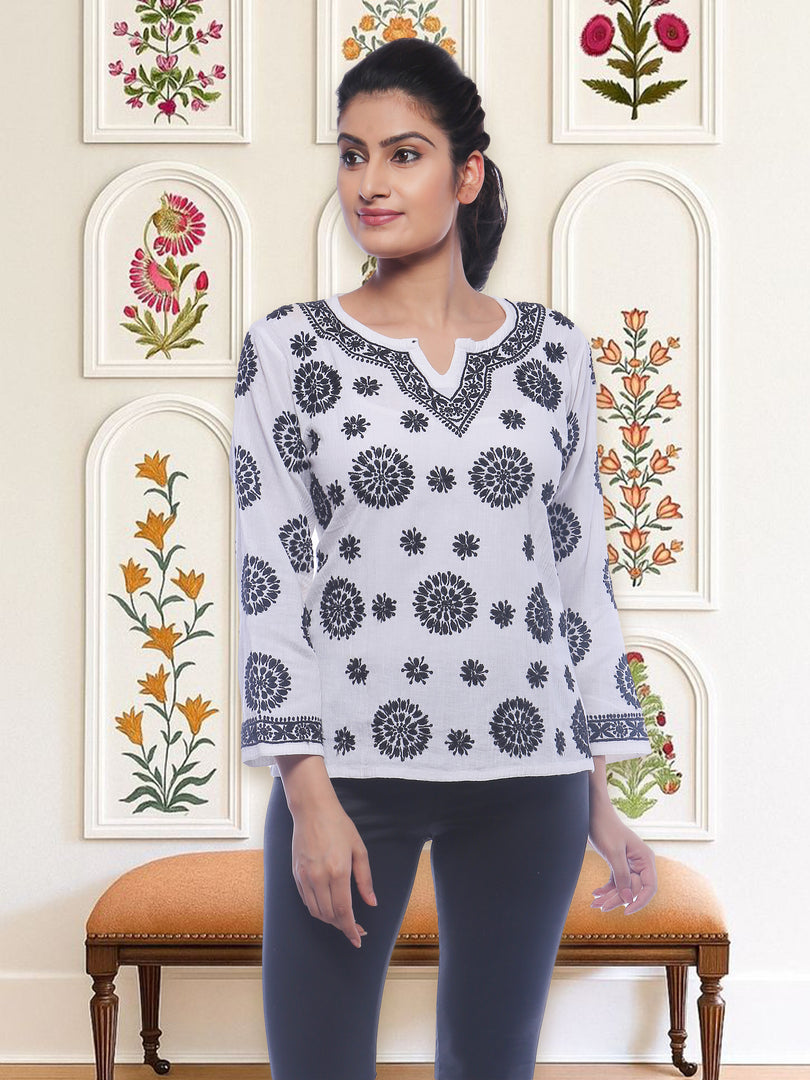 Seva Chikan Hand Embroidered White Cotton Lucknowi Chikankari Short Top SCL0139