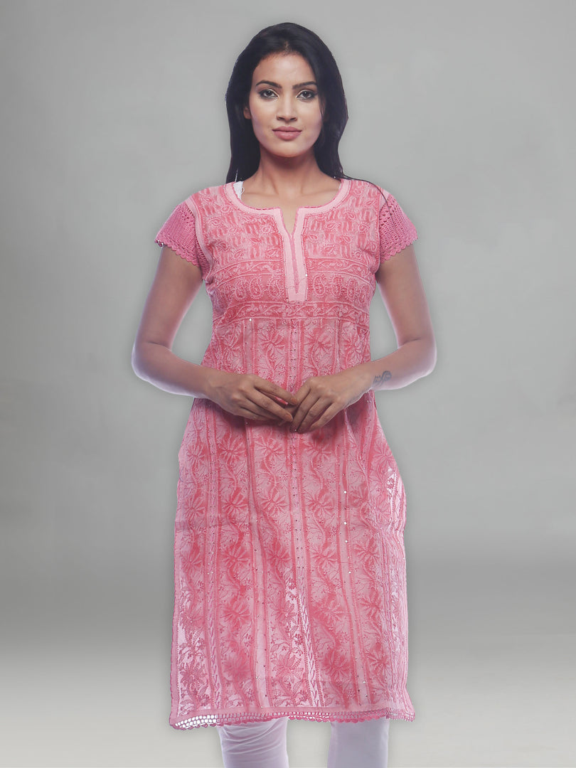 Seva Chikan Hand Embroidered Pink Cotton Lucknowi Chikan Kurti-SCL0308