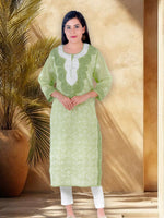 Load image into Gallery viewer, Seva Chikan Hand Embroidered Green Cotton Lucknowi Chikan Kurti SCL1231
