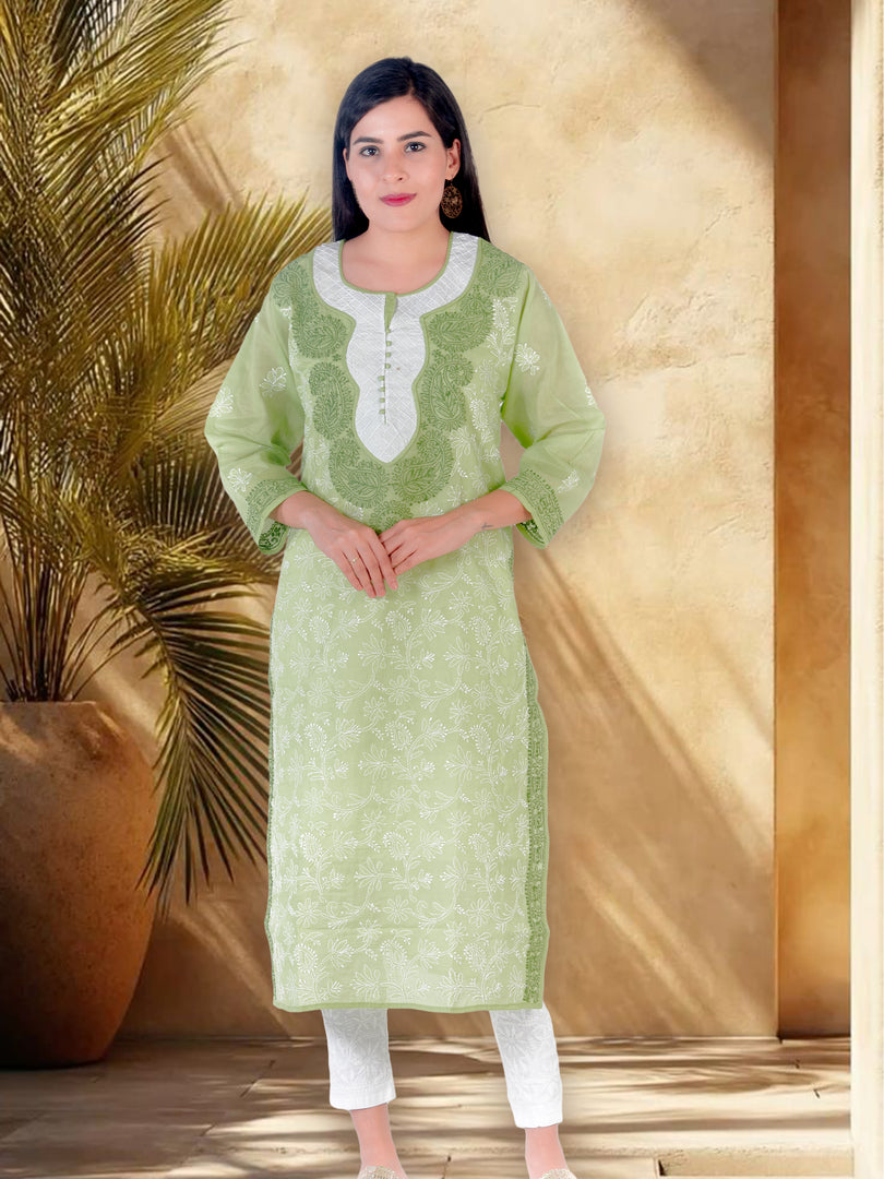 Seva Chikan Hand Embroidered Green Cotton Lucknowi Chikan Kurti SCL1231