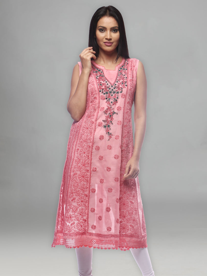 Seva Chikan Hand Embroidered Carrot Pink Cotton Lucknowi Chikankari Anarkali-SCL0235