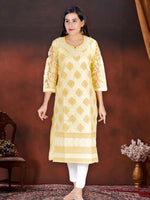 Load image into Gallery viewer, Seva Chikan Hand Embroidered Yellow Cotton Lucknowi Chikan Kurti SCL1205
