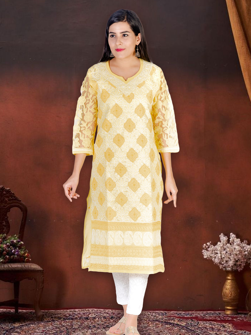Seva Chikan Hand Embroidered Yellow Cotton Lucknowi Chikan Kurti SCL1205