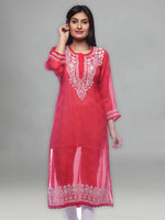 Load image into Gallery viewer, Seva Chikan Hand Embroidered Red Faux Georgette Lucknowi Chikan Kurti-SCL0281