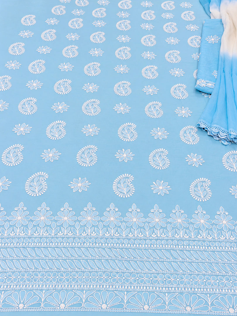 Seva Chikan Hand Embroidered Blue Cotton Lucknowi Chikankari Unstitched Suit Piece-SEV15056