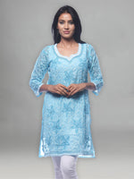 Load image into Gallery viewer, Seva Chikan Hand Embroidered Blue Georgette Lucknowi Chikan Kurti With Slip-SCL0212