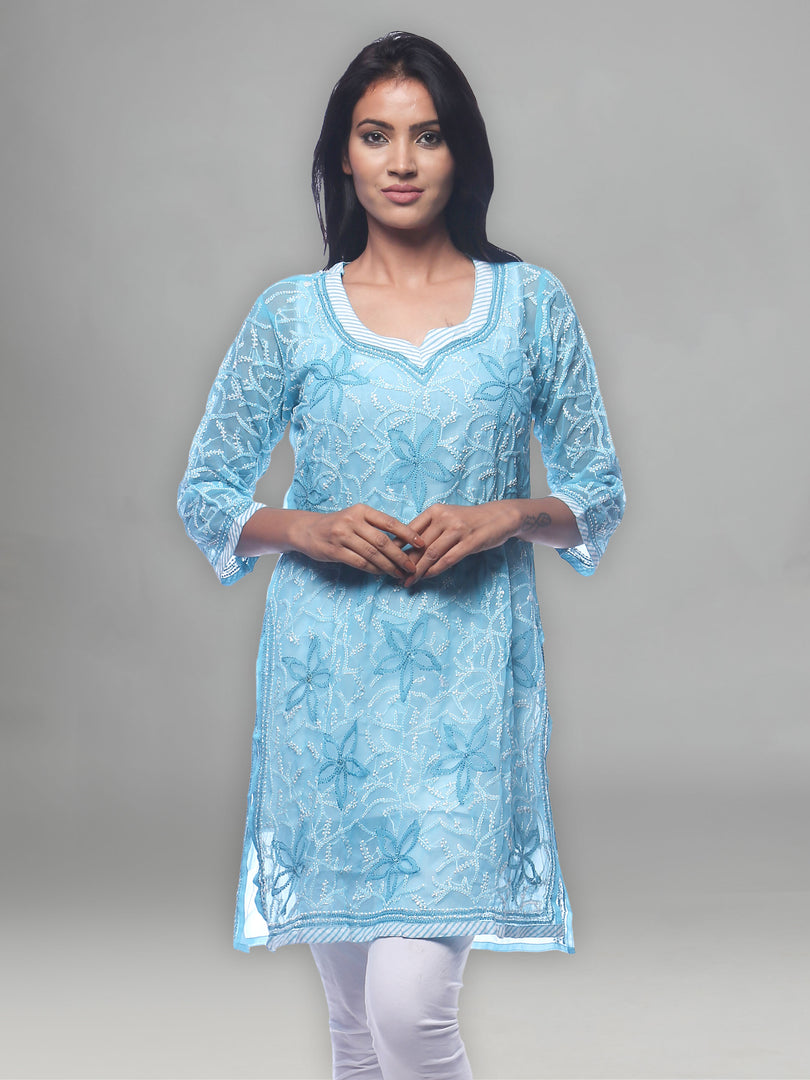 Seva Chikan Hand Embroidered Blue Georgette Lucknowi Chikan Kurti With Slip-SCL0212