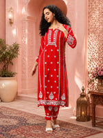 Load image into Gallery viewer, Seva Chikan Hand Embroidered Red Rayon Lucknowi Chikankari Kurta Set SCL8104