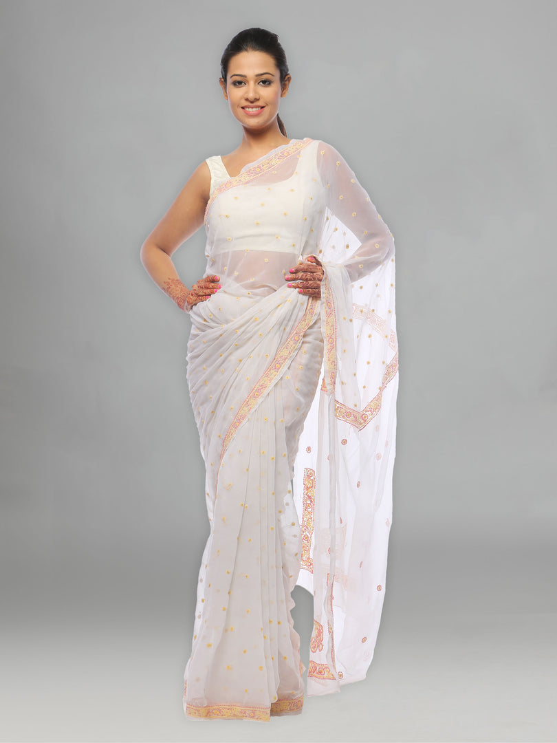 Seva Chikan Hand Embroidered White Georgette Lucknowi Saree-SCL0586