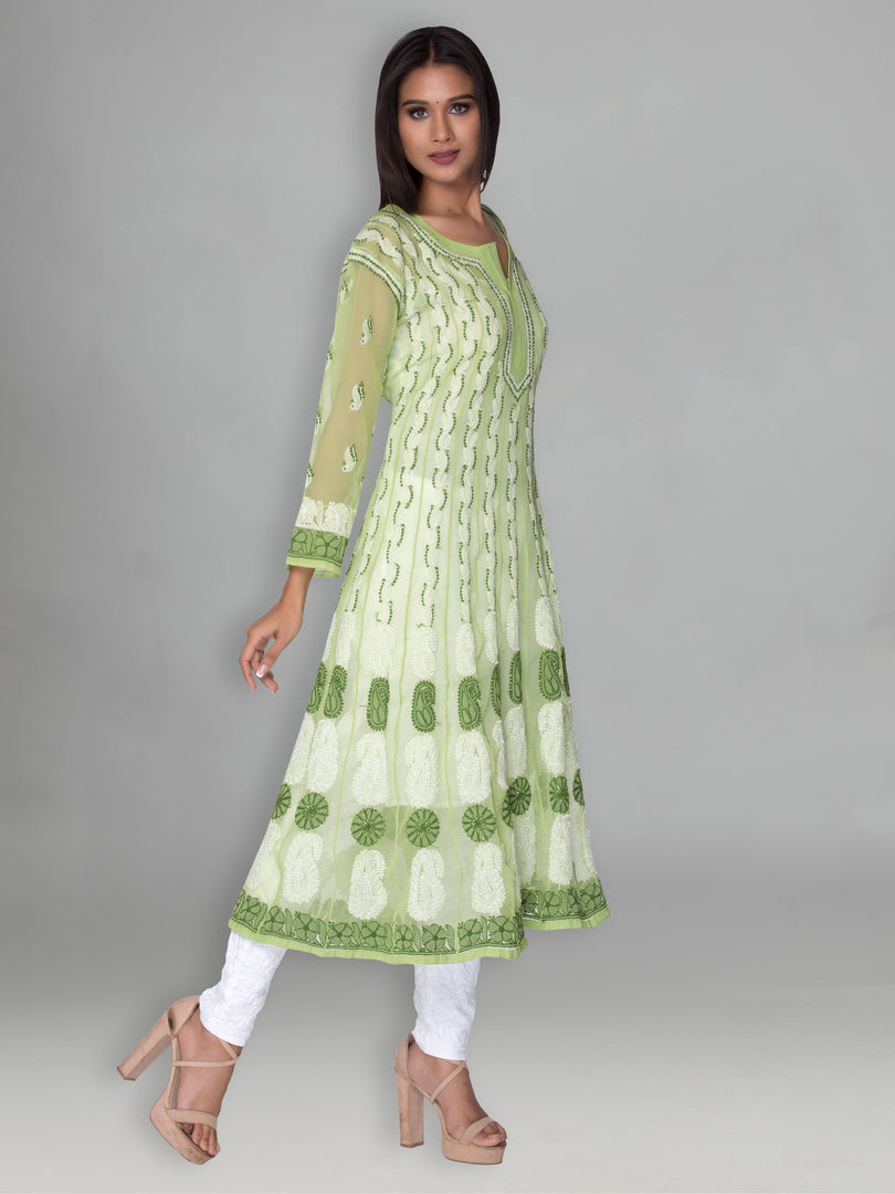 Seva Chikan Hand Embroidered Green Faux Georgette Lucknowi Chikankari Anarkali Kurta-SCL0957