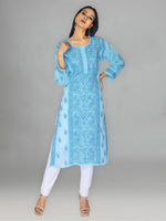 Load image into Gallery viewer, Seva Chikan Hand Embroidered Sky Blue Cotton Lucknowi Chikan Kurta-SCL0918