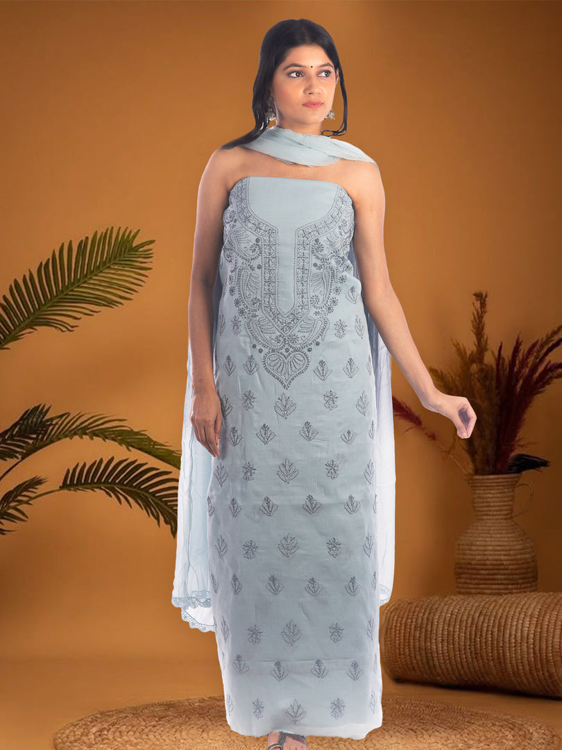 Seva Chikan Hand Embroidered Grey Cotton Lucknowi Chikan Unstitched Suit Piece SCL1114