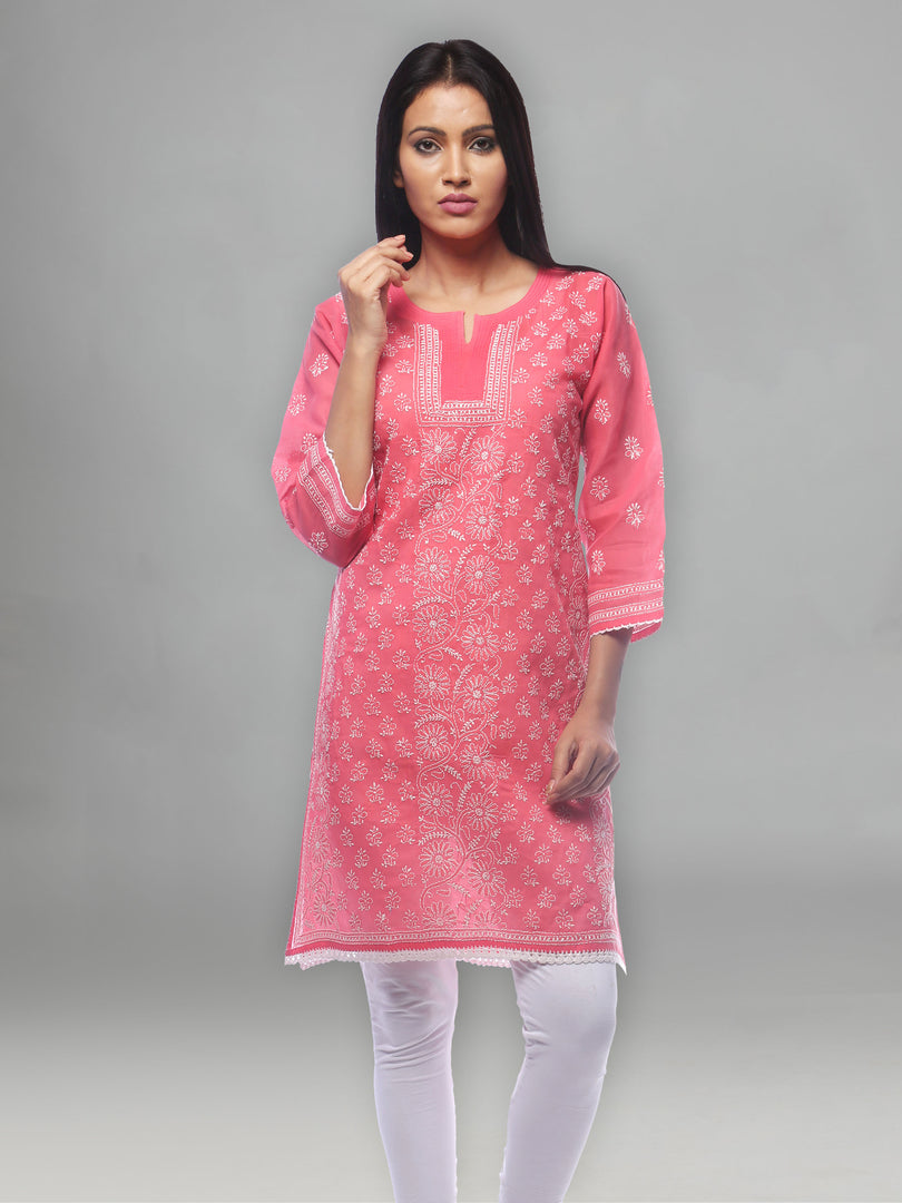 Seva Chikan Hand Embroidered Carrot Pink Cotton Lucknowi Chikan Kurti-SCL0233