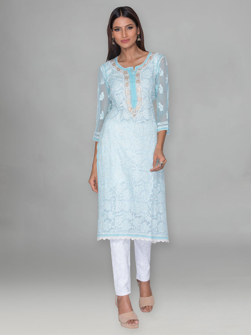 Seva Chikan Hand Embroidered Blue Georgette Lucknowi Chikankari Kurta With Ghotapatti Work-SCL0976