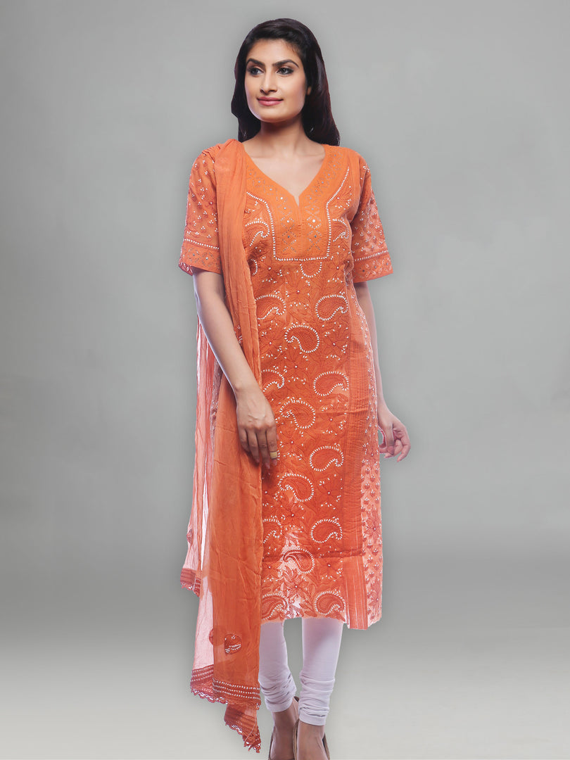 Seva Chikan Hand Embroidered Rust Cotton Lucknowi Chikankari Unstitched Suit Piece-SCL0054