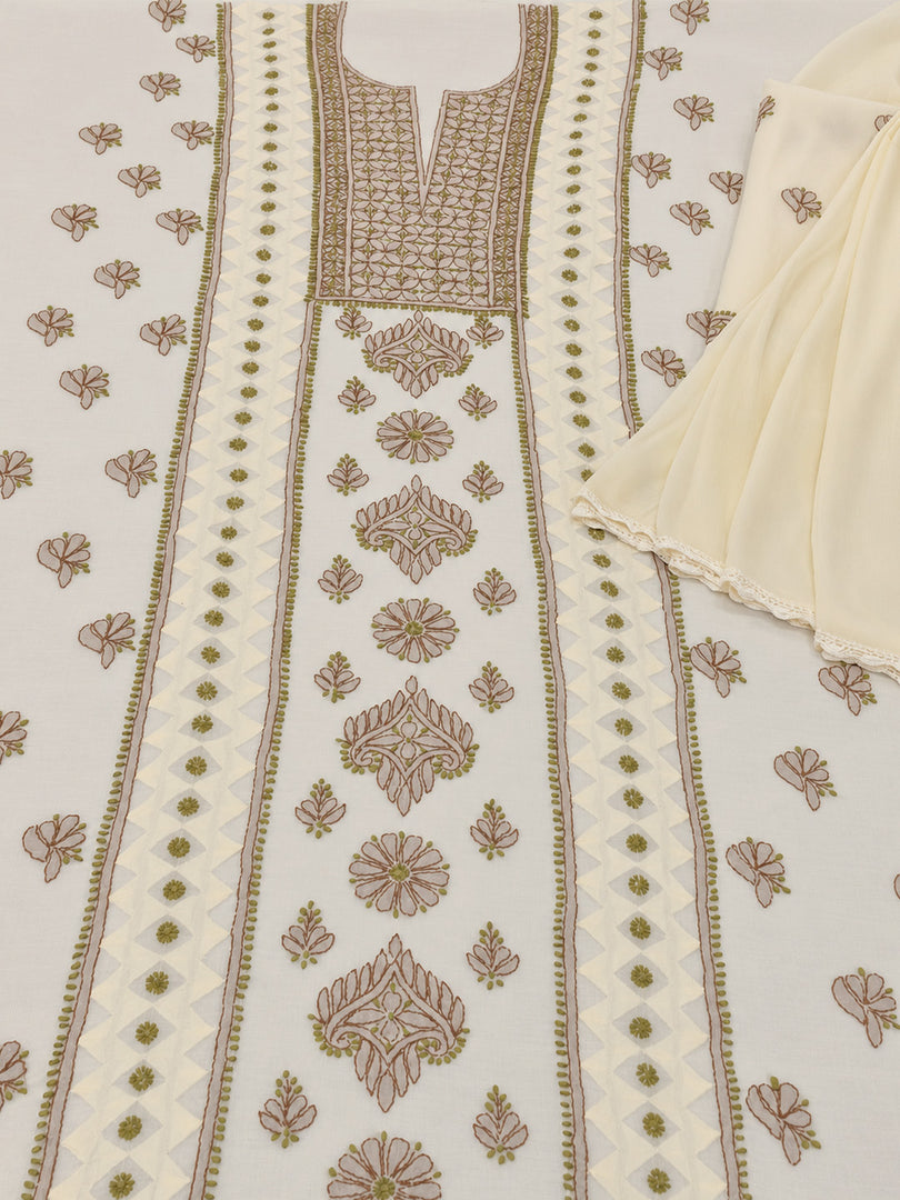 Seva Chikan Hand Embroidere Cream Terivoil Cotton Lucknowi Chikankari Unstitched Suit Piece-SEV15021