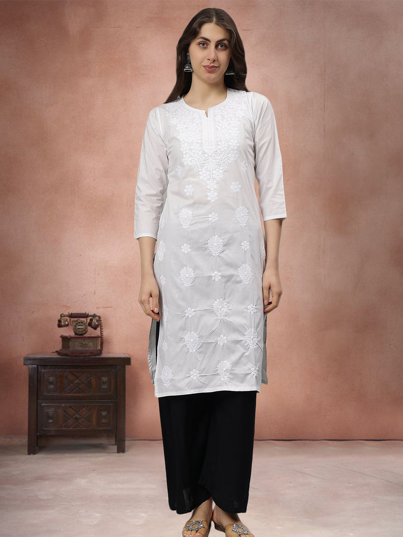 Seva Chikan Embroidered White Cotton Lucknowi Chikankari Kurta SCL4710