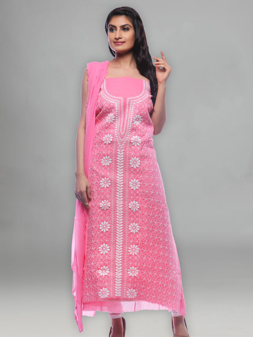 Seva Chikan Hand Embroidered Pink Cotton Lucknowi Chikankari Unstitched Suit Piece-SCL0056
