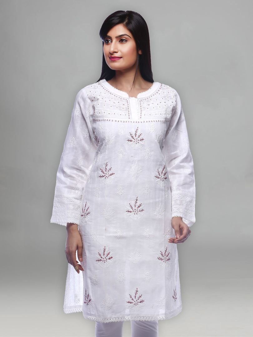 Seva Chikan Hand Embroidered White Cotton Lucknowi Chikan Kurti-SCL0225