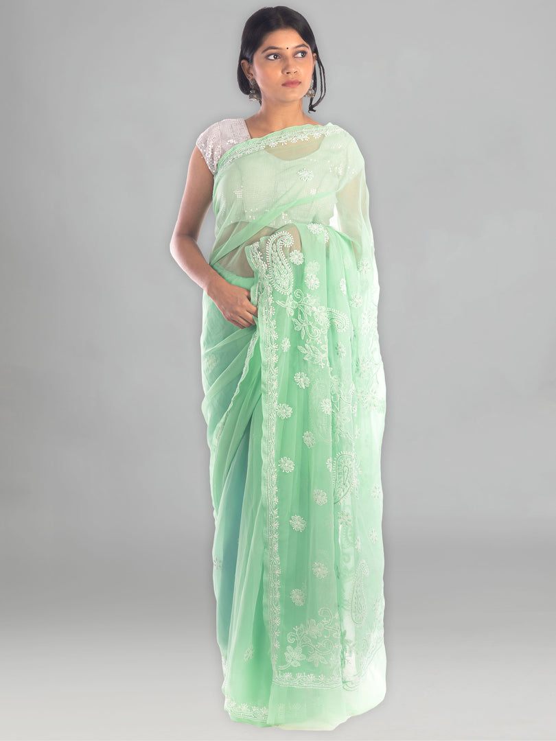 Seva Chikan Hand Embroidered Light Green Georgette Lucknowi Saree With Pearl Work-SCL1190