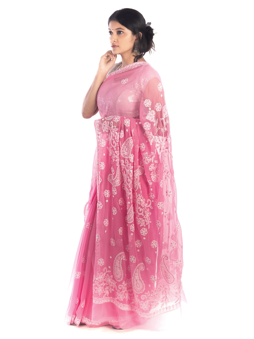Seva Chikan Hand Embroidered Pink Georgette Chikan Lucknowi Saree With Sequins/ Pearl Work-SCL1193