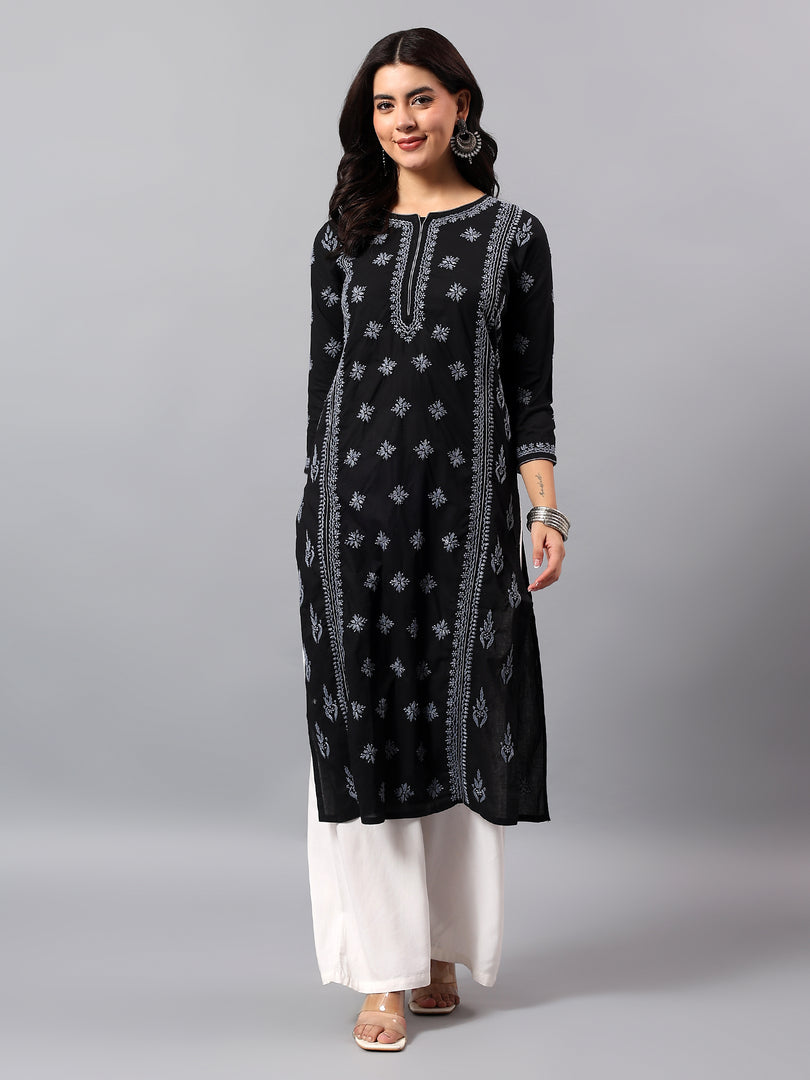 Seva Chikan Hand Embroidered Lucknowi Chikankari Black & Grey Cotton Kurta SCL4769