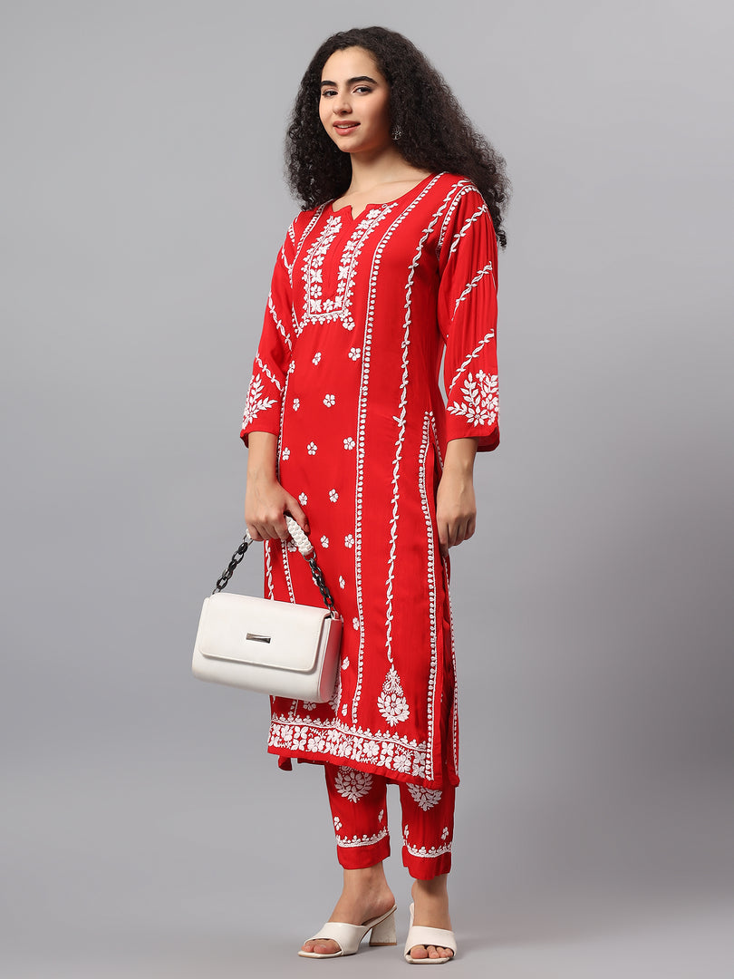 Seva Chikan Hand Embroidered Red Rayon Lucknowi Chikankari Kurta Set SCL8104