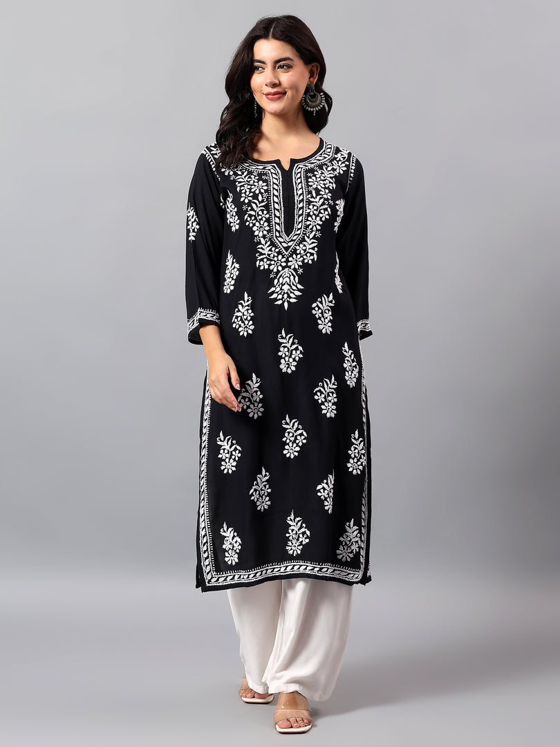 Seva Chikan Hand Embroidered Lucknowi Chikankari Black Cotton Kurta SCL4772
