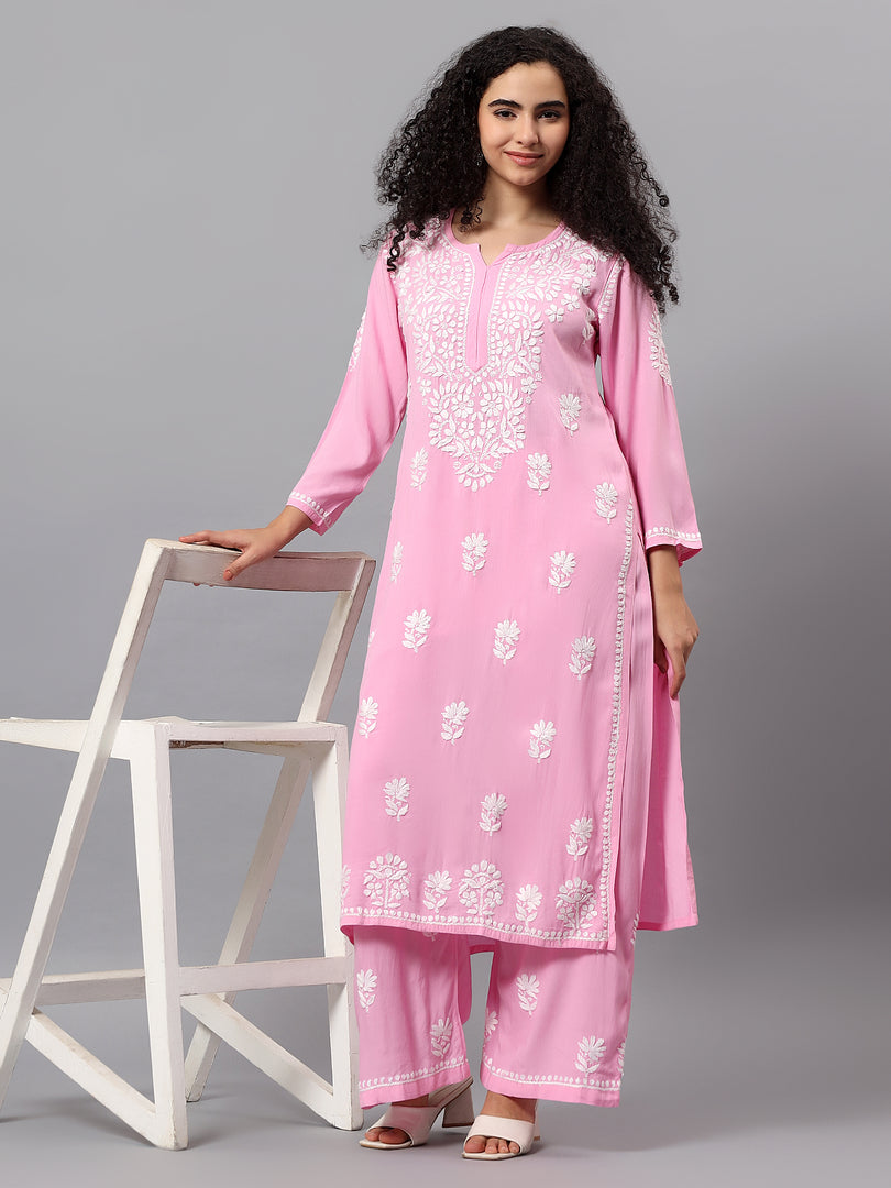 Seva Chikan Hand Embroidered Pink Rayon Lucknowi Chikankari Kurta Set SCL8063