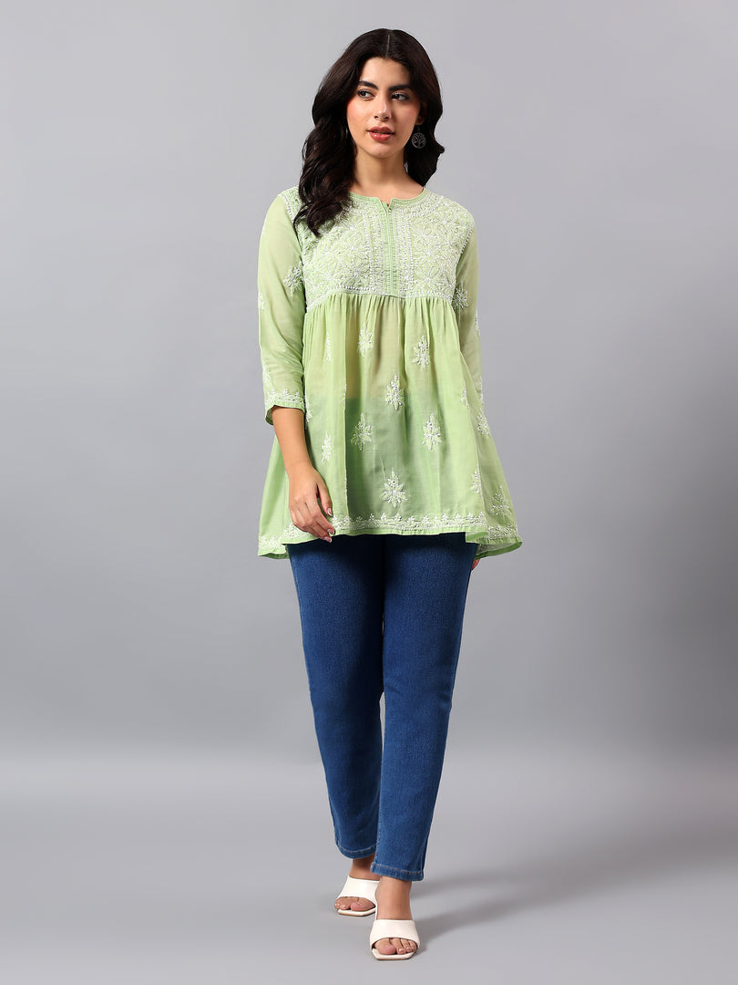 Seva Chikan Hand Embroidered Terivoil Cotton Lucknowi Chikan Green Top SCL9240