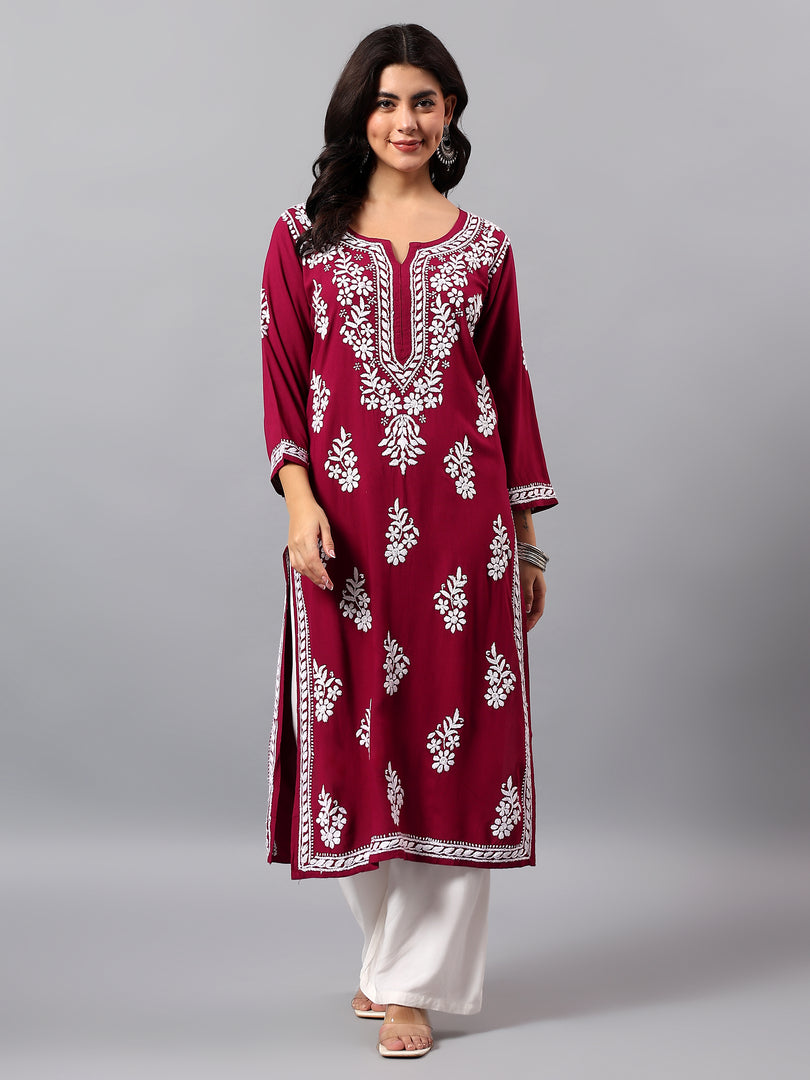 Seva Chikan Hand Embroidered Lucknowi Chikankari Purple Rayon Kurta SCL4508