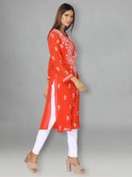 Load image into Gallery viewer, Seva Chikan Hand Embroidered Red Faux Georgette Lucknowi Chikankari Kurta-SCL0968
