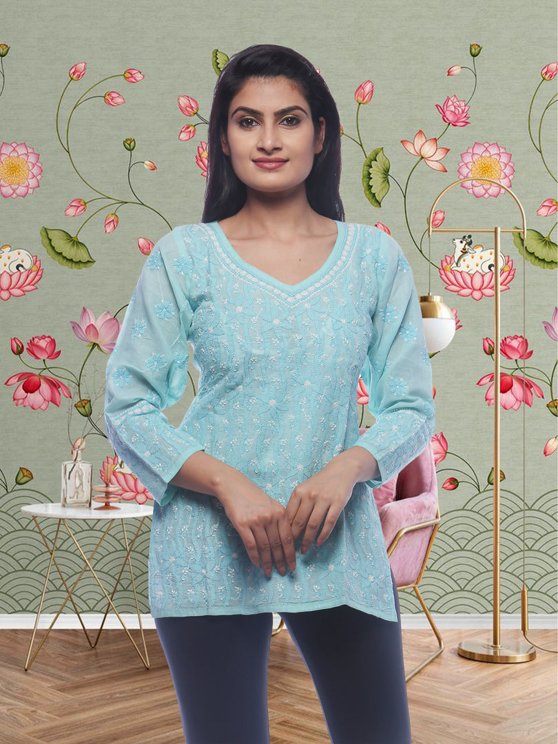 Seva Chikan Hand Embroidered Turquoise Cotton Lucknowi Chikankari Short Top SCL0130