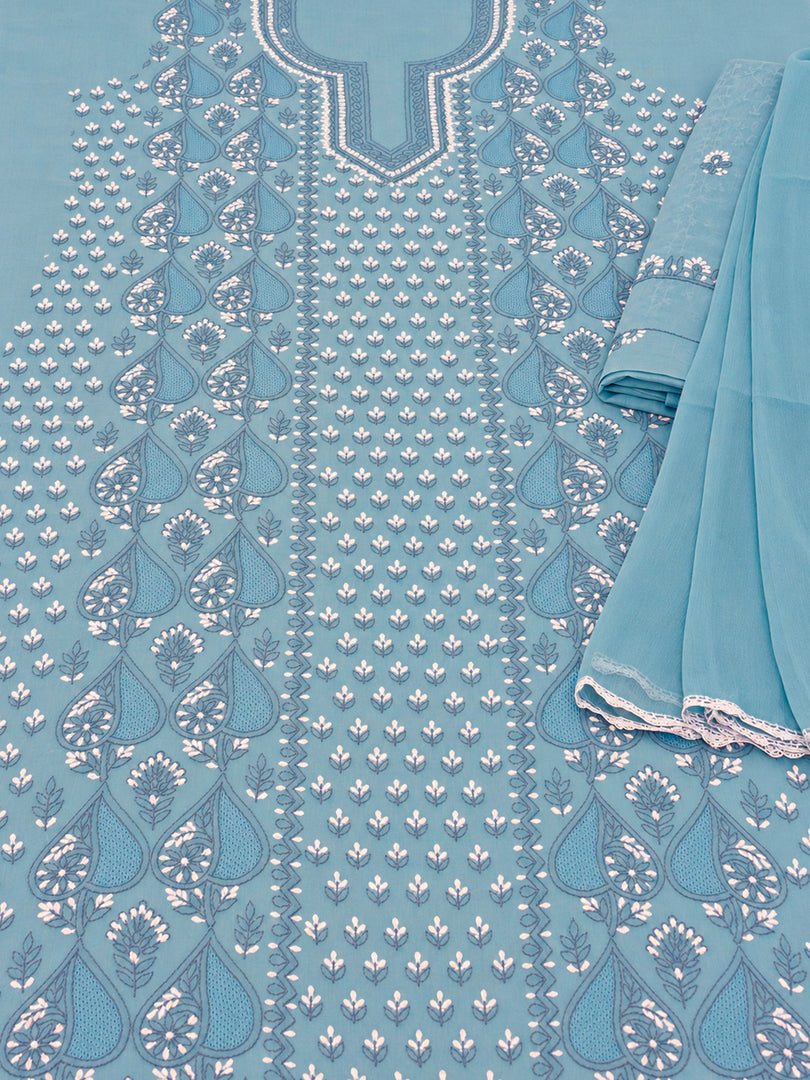 Seva Chikan Hand Embroidere Grey Terivoil Cotton Lucknowi Chikankari Unstitched Suit Piece-SEV15016