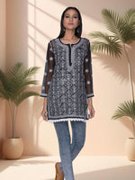 Load image into Gallery viewer, Seva Chikan Hand Embroidered Black Georgette Lucknowi Chikankari Short Top SCL1081
