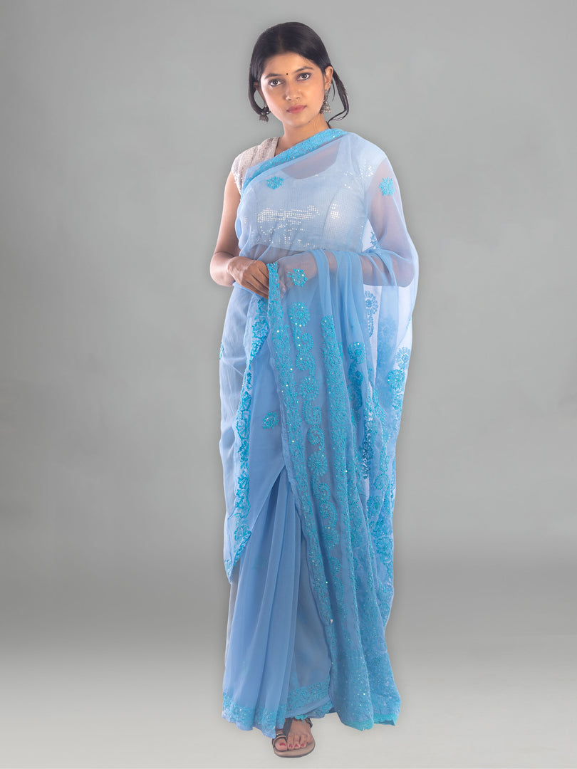 Seva Chikan Hand Embroidered Blue Georgette Lucknowi Saree With Sequins Work-SCL1757