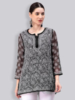 Load image into Gallery viewer, Seva Chikan Hand Embroidered Lucknowi Chikankari Black Georgette Short Top With Cotton Slip SCL9082