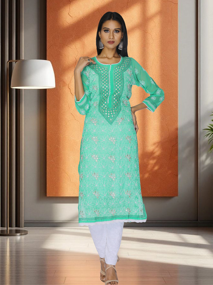 Seva Chikan Hand Embroidered Green Cotton Lucknowi Chikan Kurti SCL1066