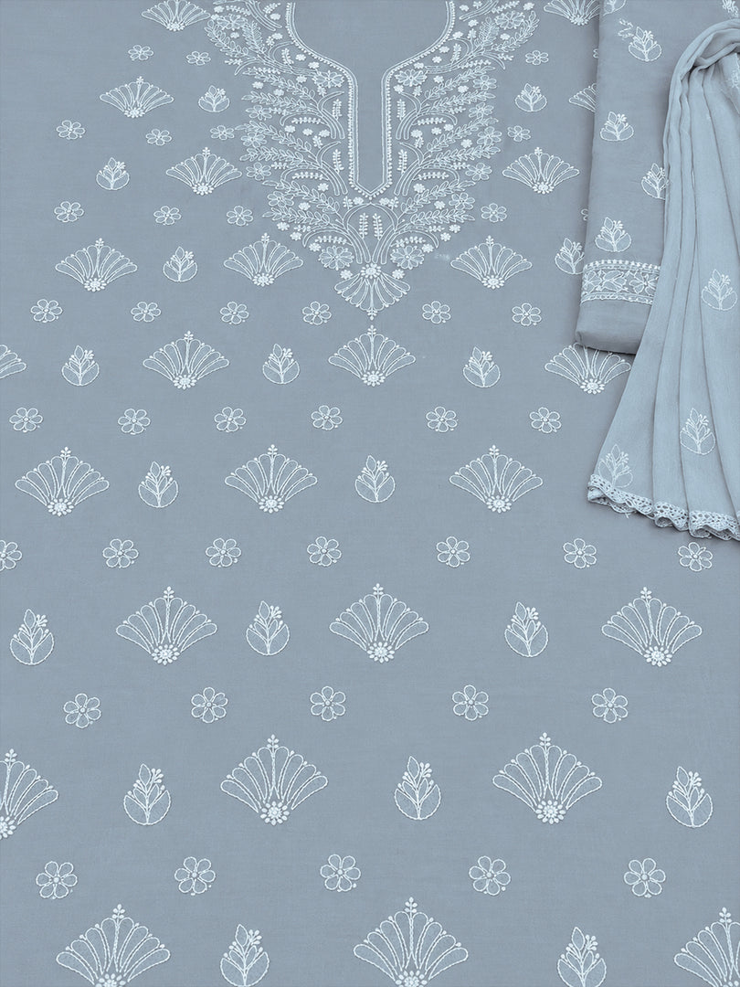 Seva Chikan Hand Embroidered Grey Terivoil Cotton Lucknowi Chikankari Unstitched Suit Piece-SCL13140