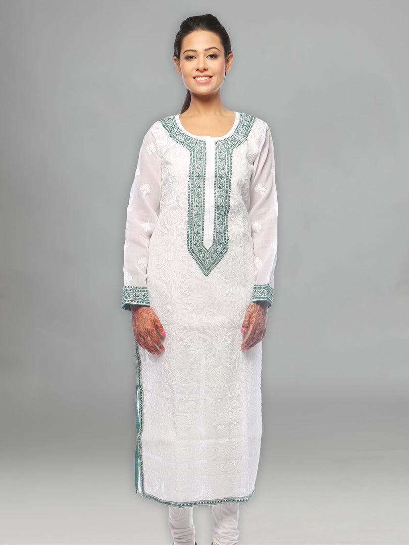 Seva Chikan Hand Embroidered White Cotton Lucknowi Chikan Kurti-SCL0624