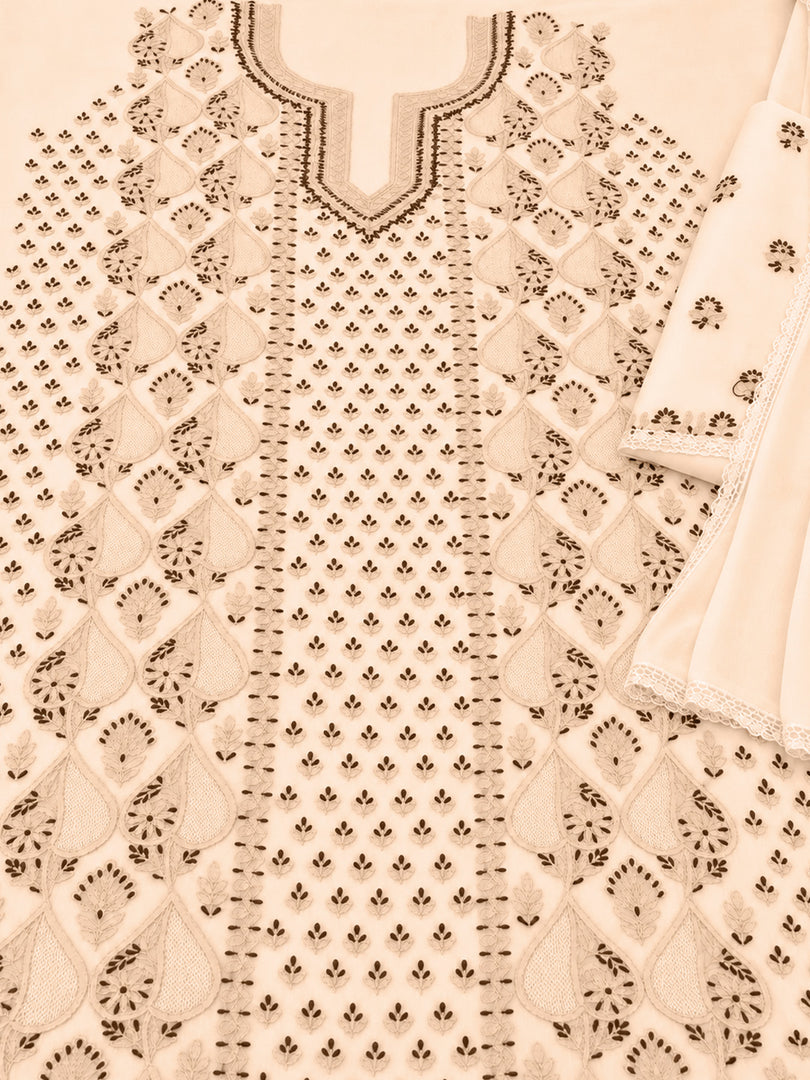 Seva Chikan Hand Embroidere Ivory Terivoil Cotton Lucknowi Chikankari Unstitched Suit Piece-SEV15017