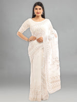 Load image into Gallery viewer, Seva Chikan Hand Embroidered White Georgette Lucknowi Saree With Gotta Patti Work-SCL1952
