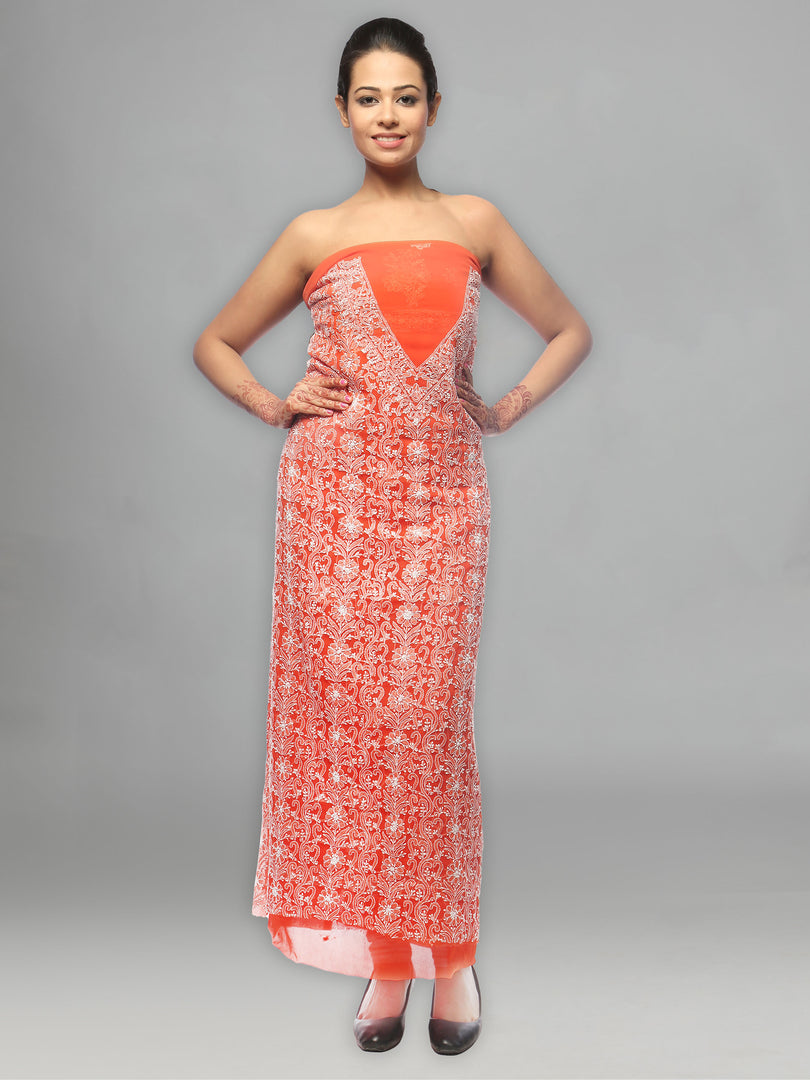 Seva Chikan Hand Embroidered Orange Georgette Lucknowi Chikankari Unstitched Suit Piece-SCL0559