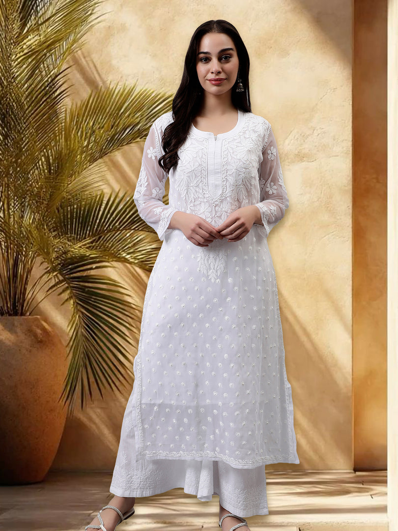 Seva Chikan Hand Embroidered Georgette Chikankari Kurta With Matching Slip